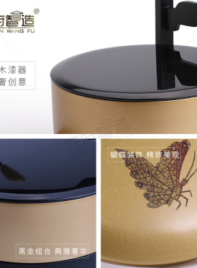 新中式样板房酒店轻奢创意装饰摆件多层实木漆器圆提篮食盒糖果盒