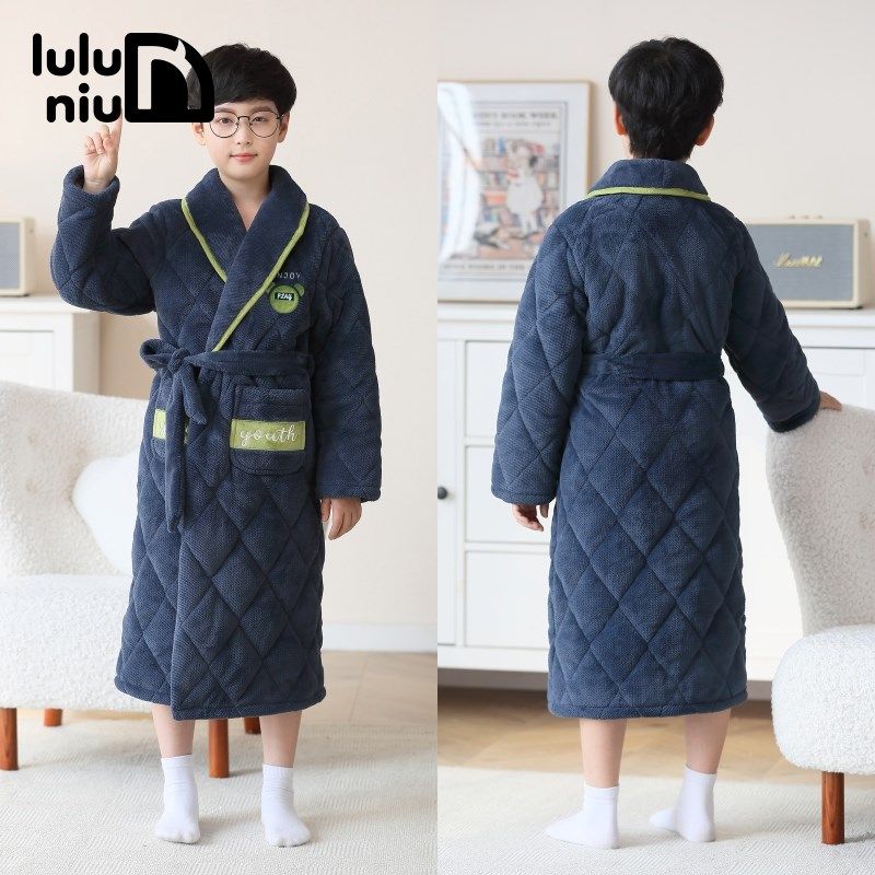2023冬季儿童睡袍男童浴袍夹棉珊瑚绒法兰绒男孩大童睡衣加厚保暖