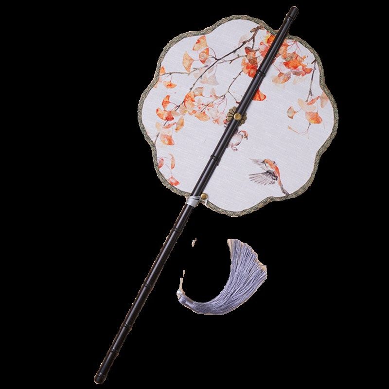 中国风古画长柄紫竹腰扇汉服搭配可折叠旋转长流苏团扇可换扇面