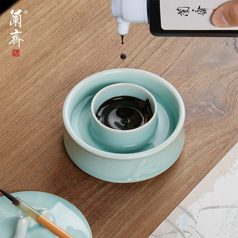 火锅砚陶瓷墨盒墨碟墨汁专用带盖防蒸发双圈砚台储墨防干书法毛笔,文具电教/文化用品/商务用品,砚台,淘宝优惠券,粉丝福利购,淘宝优惠卷