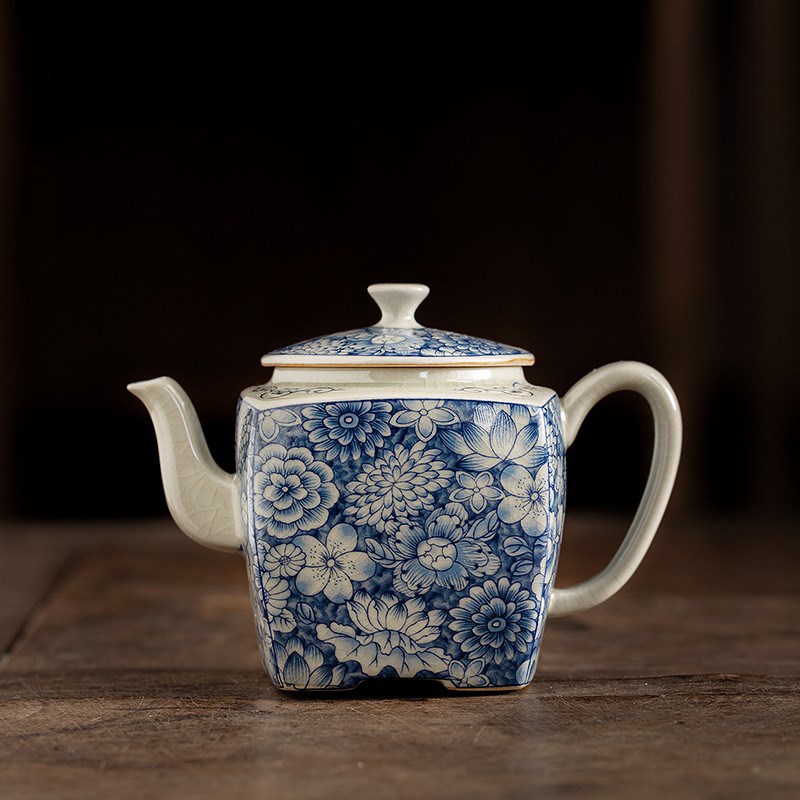 老陶泥青花茶壶手工家用四方陶瓷单壶复古功夫茶具单壶开片泡茶器