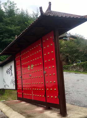 定做仿古屋檐中式飞檐东阳木雕装饰假门头翘脚彩绘实木古建筑门楼