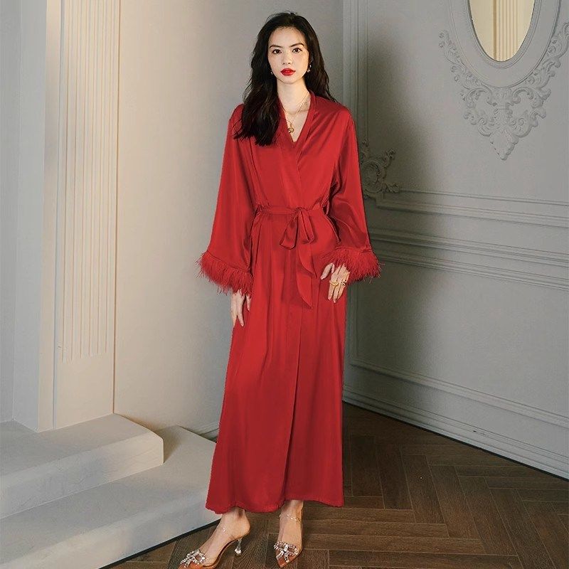 法式新娘晨袍长款高级感吊带睡裙两件套女婚礼睡袍羽毛2022年新款,女士内衣/男士内衣/家居服,睡袍/浴袍,淘宝优惠券,粉丝福利购,淘宝优惠卷