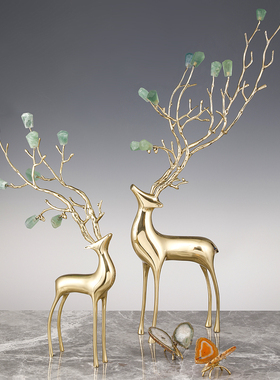 中式奢华大号座落地黄铜招财福鹿客厅入户玄关别墅水晶石家居摆件