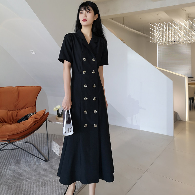 连衣裙女夏2021新款长款鱼尾收腰西装领短袖长裙黑色气质长款裙子