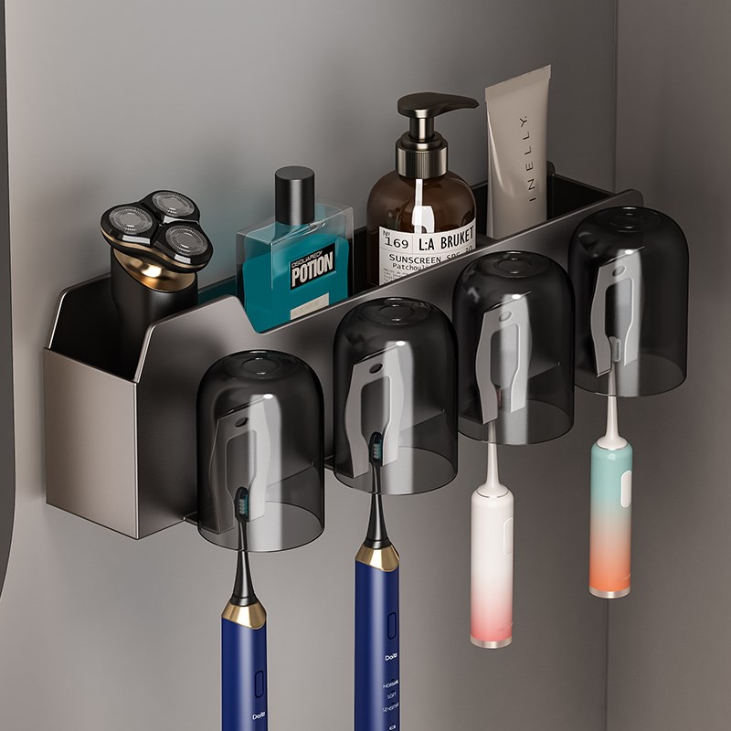 枪灰牙刷架子置物架可拆洗卫生间免打孔壁挂电动牙杯漱口杯吹风机