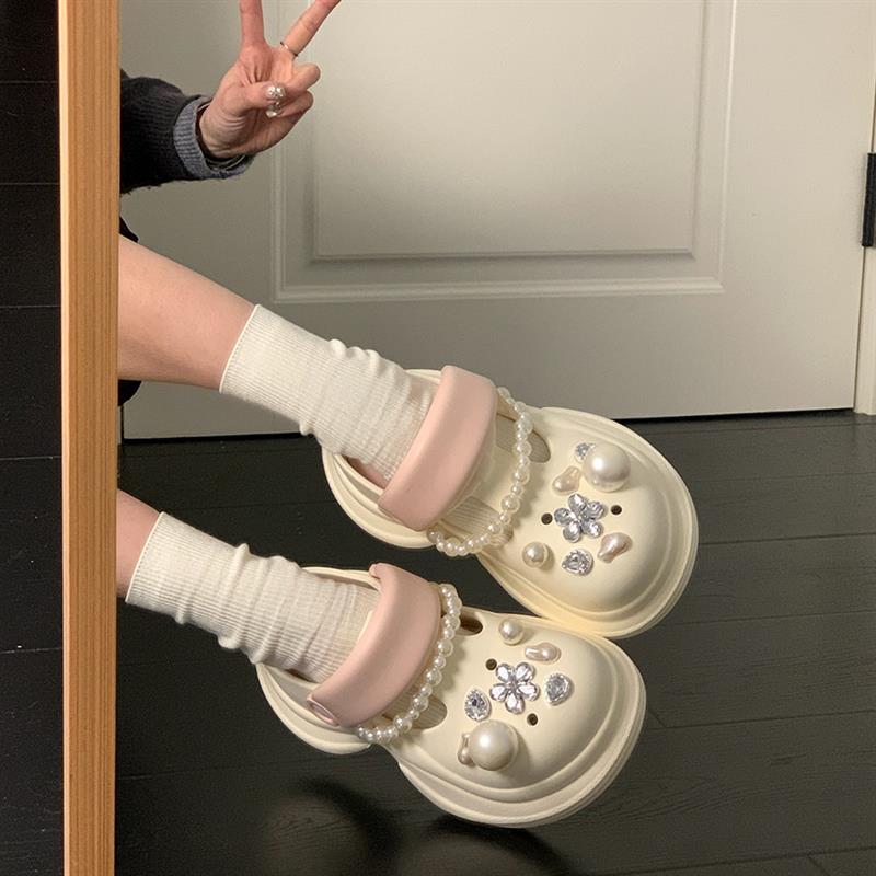 超火水钻珍珠洞洞鞋女2025新款夏季外穿增高百搭厚底包头凉拖鞋子
