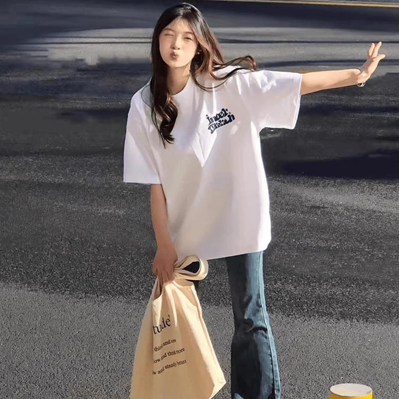 美式复古白色短袖T恤女ins潮宽松夏季女装高街简约上衣设计感小众