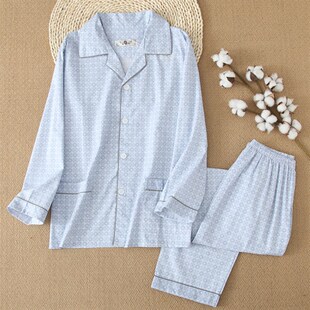 宽松大码 纯棉布睡衣男式 套装 春秋薄格子翻领款 梭织全棉家居服 长袖