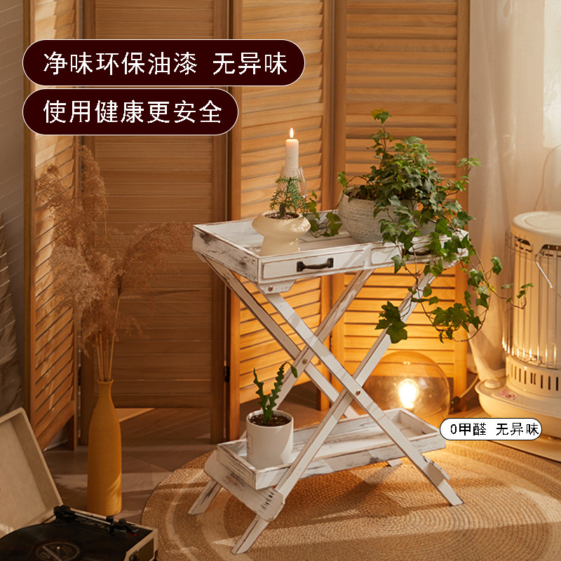 美式乡村复古室内阳台实木花架置物架田园风落地式双层户外花盆架