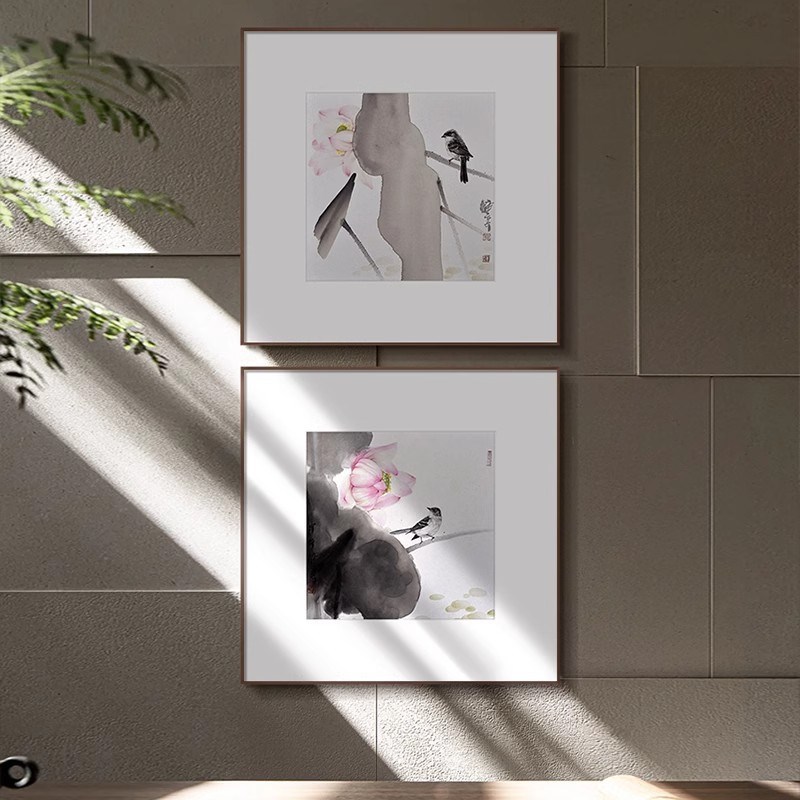 新中式方形禅意茶室挂画水墨荷花民俗酒店装饰画宣纸卡纸壁画高端