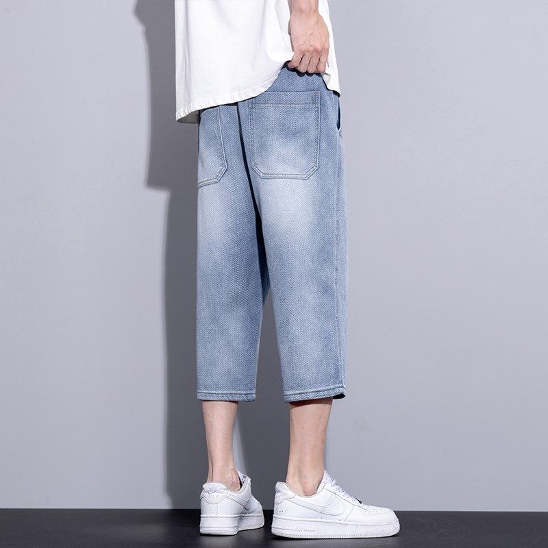 男士牛仔短裤夏季薄款星空纹外穿七分裤松紧腰复古休闲裤子男马裤,男装,牛仔裤,淘宝优惠券,粉丝福利购,淘宝优惠卷