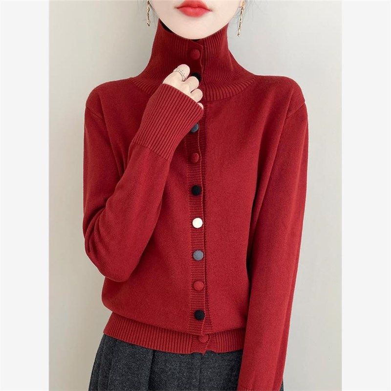 安可拉红色复古立领针织开衫外套上衣秋冬彩扣高领毛衣圣诞节新年,女装/女士精品,毛衣,淘宝优惠券,粉丝福利购,淘宝优惠卷