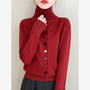 安可拉红色复古立领针织开衫外套上衣秋冬彩扣高领毛衣圣诞节新年