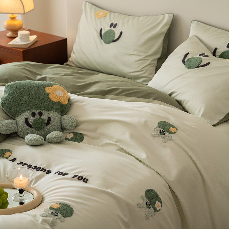 100S全棉长绒棉四件套卡通纯棉毛巾绣被套被罩床单床笠床品三件套