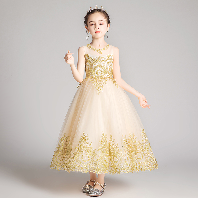 儿童礼服公主裙女童模特走秀洋气小女孩主持人钢琴演出服表演金色