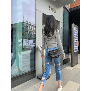 王炸神裤!前后破洞哈伦牛仔裤女高腰八分2021夏天显瘦薄款老爹裤