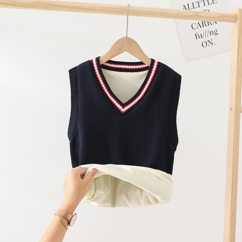 儿童毛线马甲男孩女童加绒加厚保暖外穿学生校服毛衣背心男童马夹
