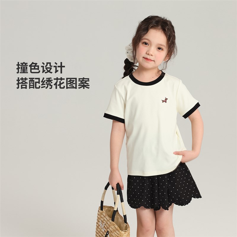 布丁哈鲁童装夏装女童洋气短袖2025夏季新款儿童百搭简约圆领T恤