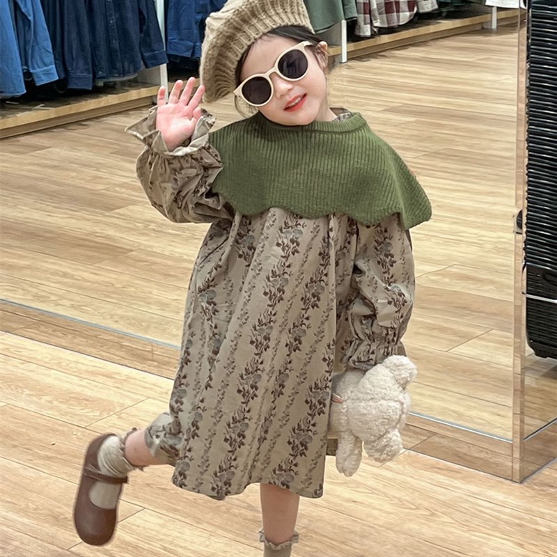 童装女童法式连衣裙秋装洋气儿童复古碎花长袖裙子小女孩棕色长裙