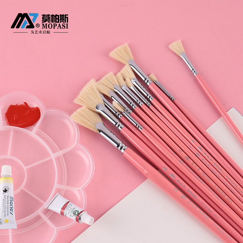 S858莫帕斯粉色扇形笔水粉笔套装油画笔单支水彩颜料画笔猪鬃刷子