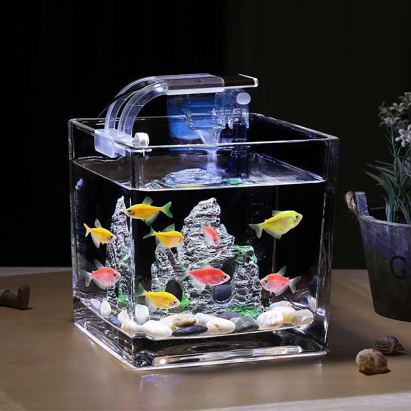 迷你方形小号玻璃鱼缸透明办公室桌面免换水斗鱼生态灯光摆件加厚