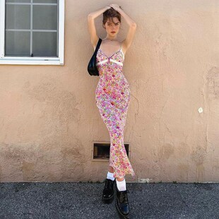 Ahagaga 欧美夏日小清新碎花裙性感V领蕾丝拼接吊带长款连衣裙女