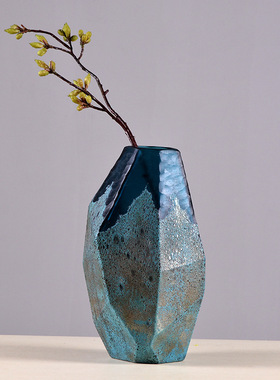 欧式蓝色几何磨刻玻璃花瓶客厅花插摆件酒店样板间装饰