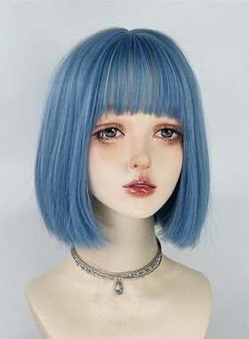 蓝色短发假发一刀切女全头套亚文化lolita波波头y2k万用cos彩直发