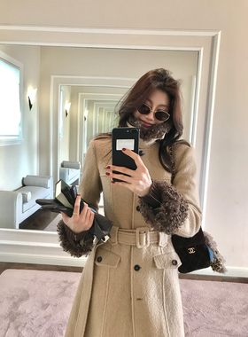 Alone Savor龙喜儿冬季可拆卸毛领毛呢外套100%绵羊毛大衣女K766