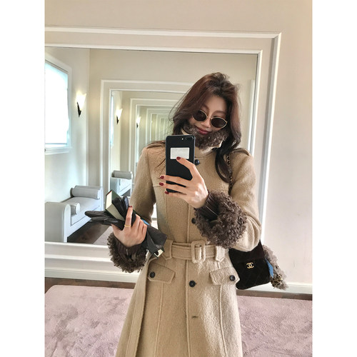 Alone Savor龙喜儿冬季可拆卸毛领毛呢外套100%绵羊毛大衣女K766
