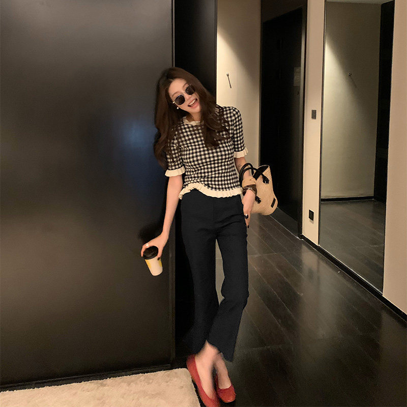 龙喜儿 裤子垂坠感黑色亚麻九分裤女新款修身显瘦休闲微喇裤J213