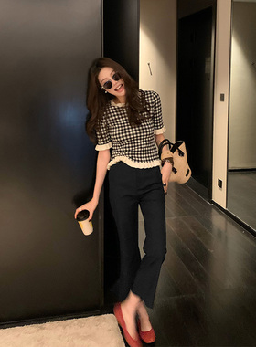 龙喜儿 裤子垂坠感黑色亚麻九分裤女新款修身显瘦休闲微喇裤J213