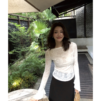 AloneSavor龙喜儿 超细支羊毛微透浮雕蕾丝钩花长袖上衣Y965