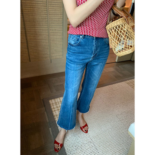 AloneSavor龙喜儿 牛仔裤复古水洗高腰毛边裤脚九分微喇裤女Z061