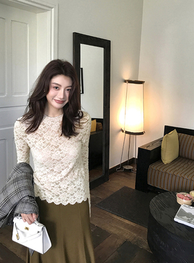 Alone Savor龙喜儿 秋季高冷质感蕾丝钩花T恤长袖圆领上衣女Z047