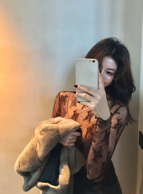 Alone Savor龙喜儿 法式轻熟风半高领蕾丝小衫微透钩花打底衫J254