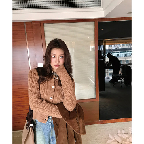 Alone Savor龙喜儿时尚百搭100纯羊毛钩花针织开衫长袖女上衣C445