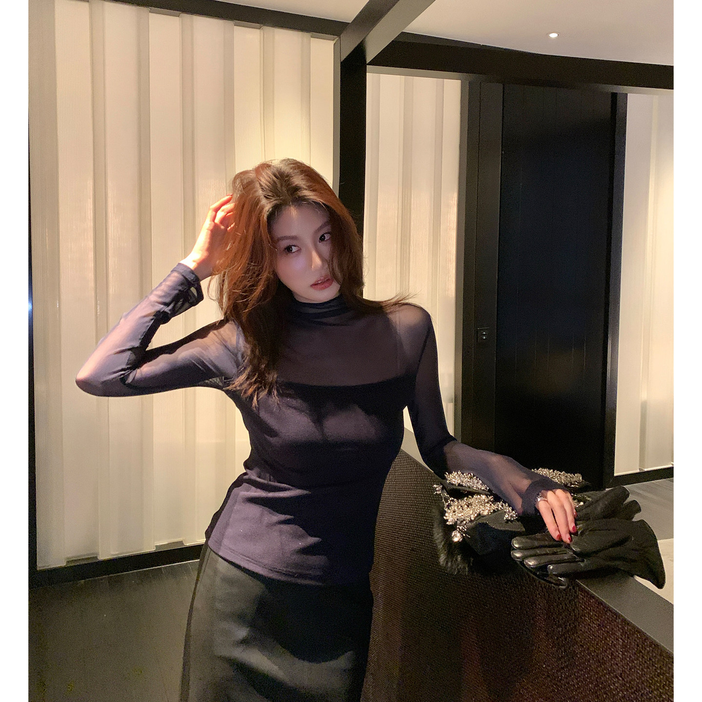 Alone Savor龙喜儿 精致轻熟网纱拼接小衫修身显瘦垂感上衣K138