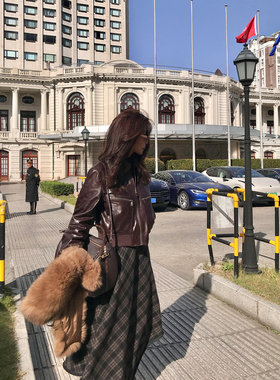 ALONESAVOR 复古格纹羊毛半身裙女冬高腰不规则边中长款A字裙L665