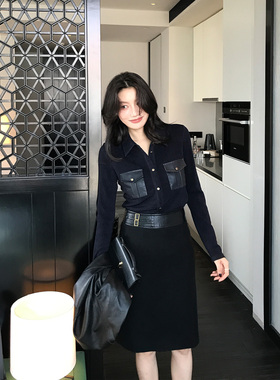 AloneSavor龙喜儿百搭复古皮质拼接口袋衬衫收腰显瘦女士上衣K440