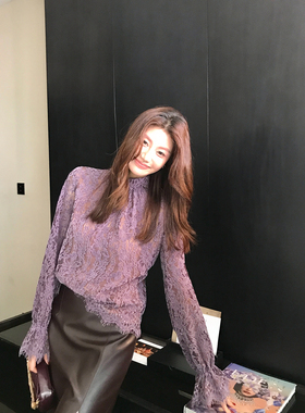 Alone Savor龙喜儿 法式温柔风蕾丝镂空小衫长袖花边女士上衣K295