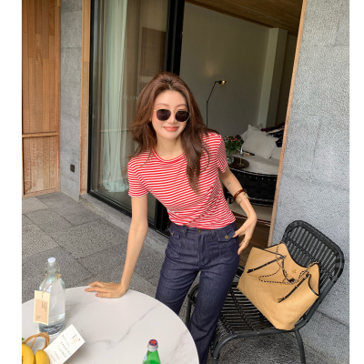 AloneSavor龙喜儿 天丝醋酸羊毛条纹撞色T恤H版圆领女士短袖J733