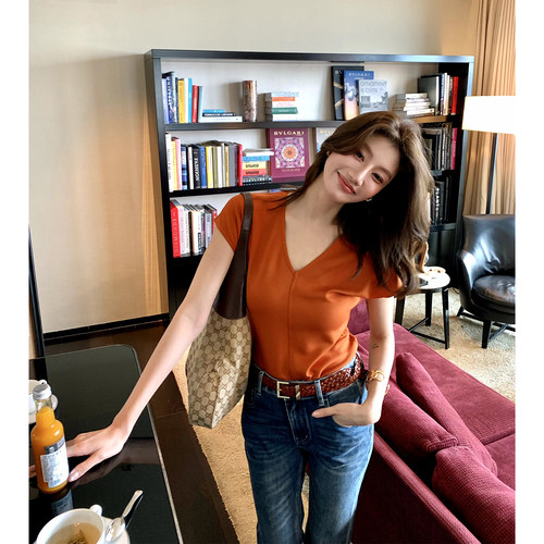 AloneSavor龍喜儿 透气天丝双面织小衫法式V领包肩短袖上衣女M601