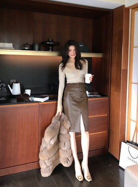 Alone Savor龙喜儿 优雅简约包臀半身裙直筒中长款开叉皮裙女L663