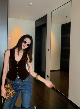 Alone Savor龙喜儿 复古老钱风收腰马甲U领无袖外穿女背心J987