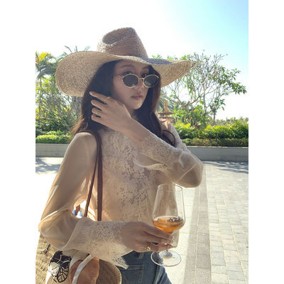 AloneSavor龙喜儿 法式复古蕾丝绣花拼接小衫半高领微透上衣K563