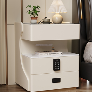 智能密码锁床头柜多功能实木轻奢卧室保险箱免安装充电储物床边柜