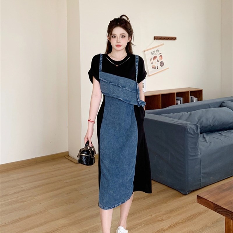 大码女装胖mm夏季新款2025时尚连衣裙修身显瘦牛仔拼接假两件长裙