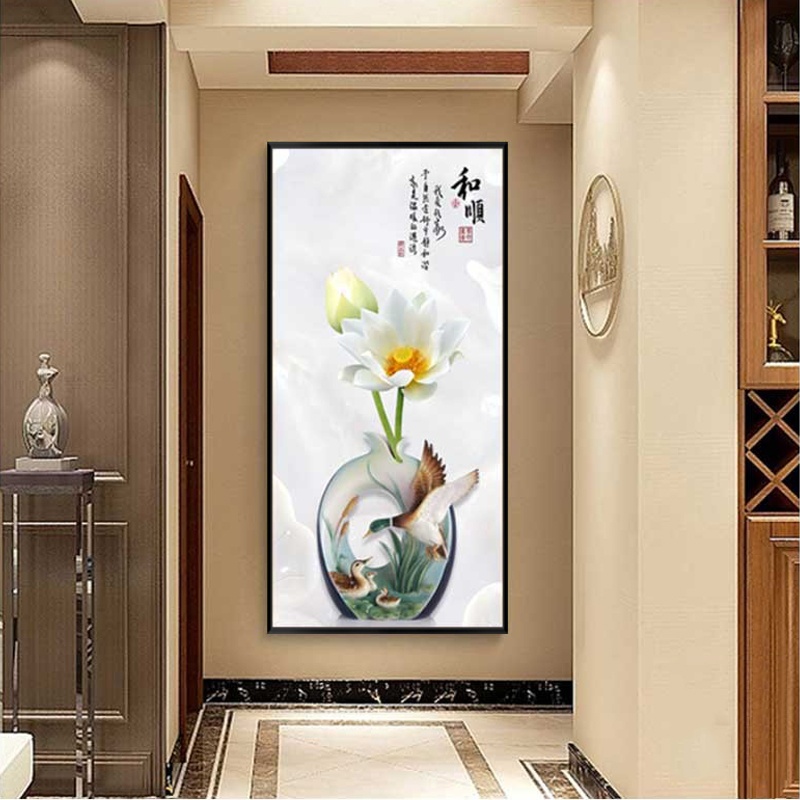 中式荷花玄关挂画进门入户墙面画书房壁画楼梯间走廊背景墙装饰画图片